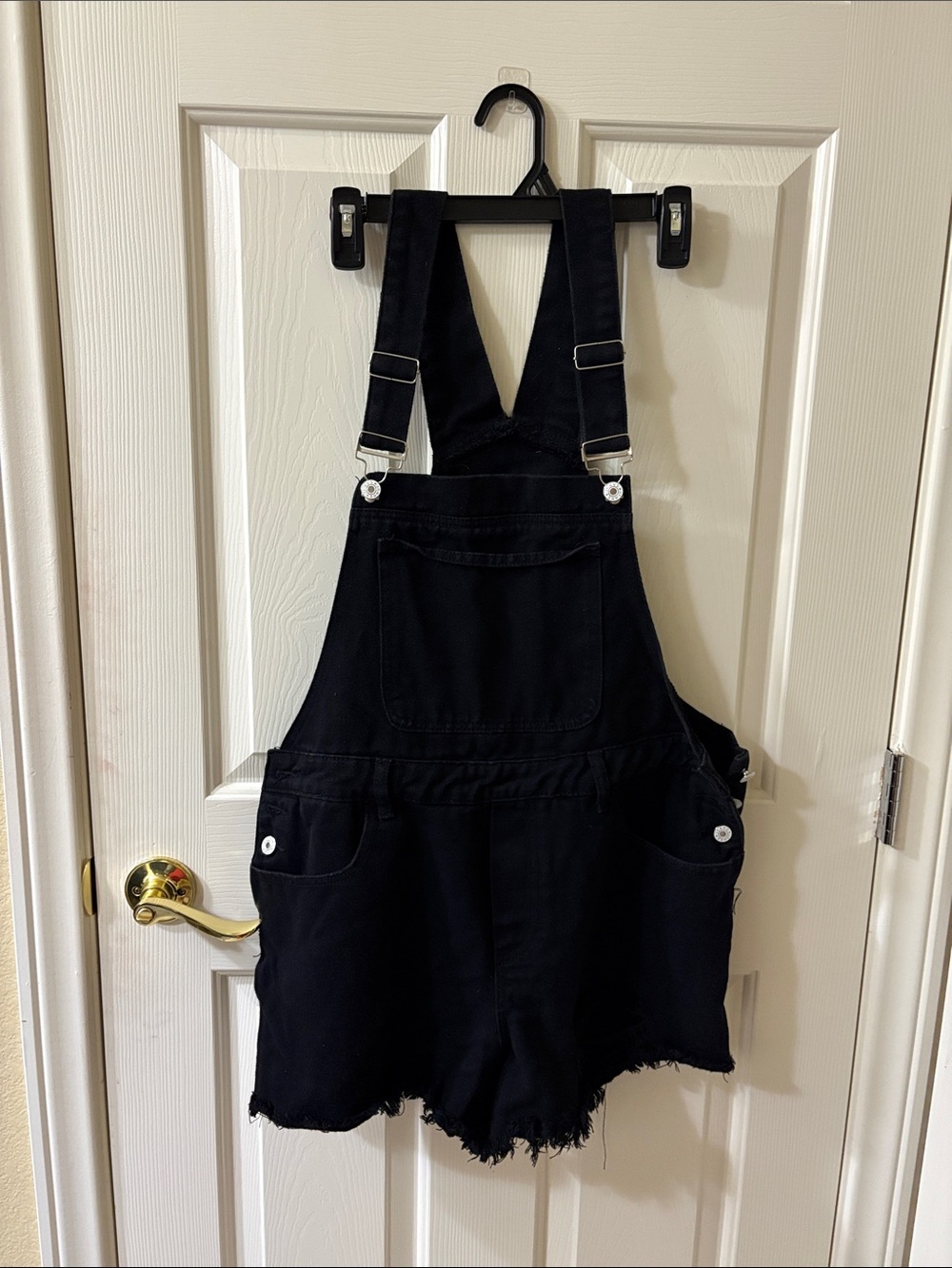 SHEIN Black Frayed Denim Short Overalls